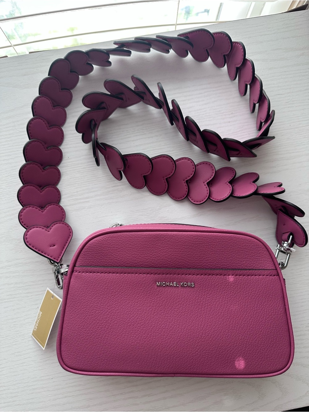 NWT Michael Kors Jet Set Rosewood Pink Camera Bag Heart Embellished Strap
